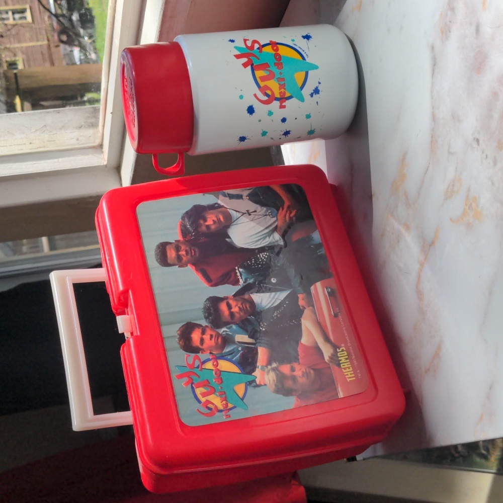 Vintage 80s 90s Guys Next Door Thermos lunchbox, Saturday cartoons NKOTB kitsch